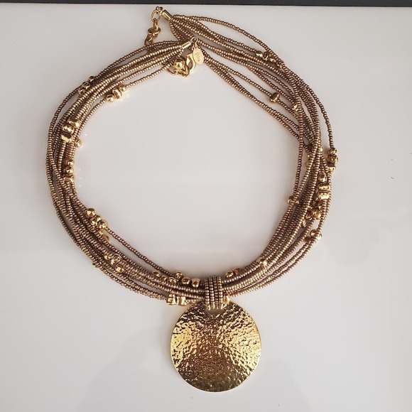 Joan Rivers Beaded Multi‎ Strand Necklace Hammered Gold Tone Medallion Pendant - Picture 1 of 9